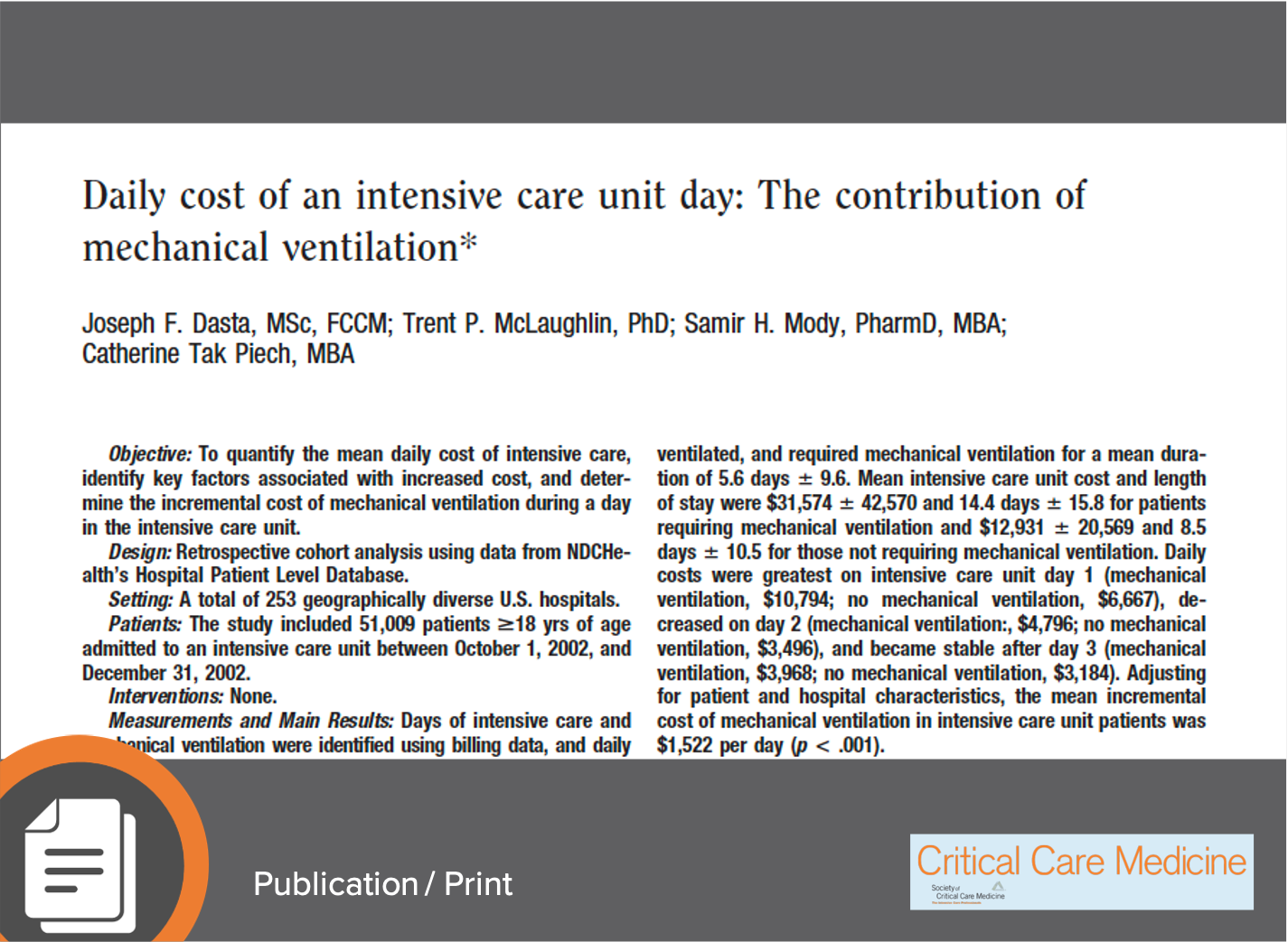 Dasta, J. et al. (2005) Daily Cost of an Intensive Care Unit Day: The Contribution of Mechanical Ventilation, Crit Care Med 33(6):1266-71. https://doi.org/10.1097/01.ccm.0000164543.14619.00