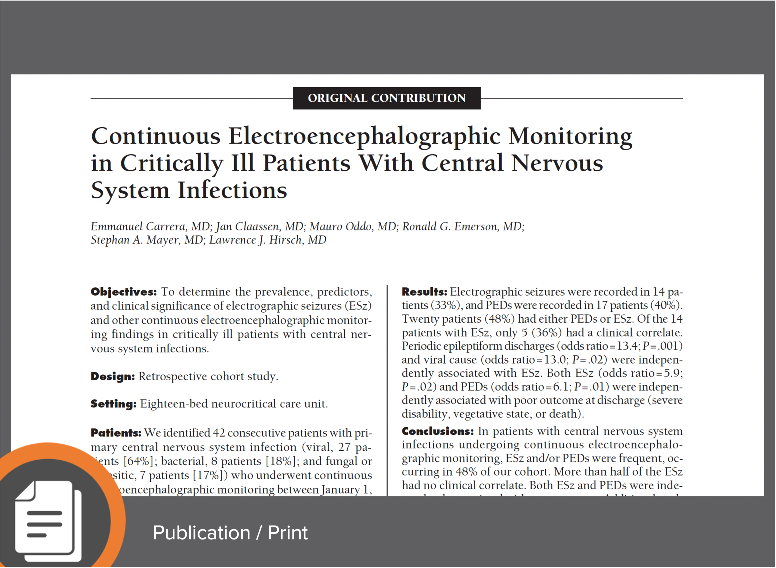 Continuous Electroencephalographic Monitoring in Critically Ill Patients With Central Nervous System Infections