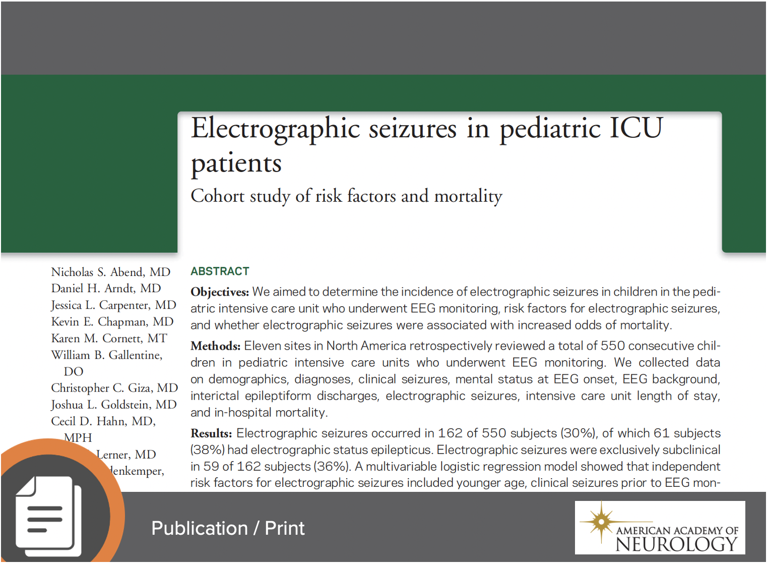 Electrographic Seizures in Pediatric ICU Patients: Cohort Study of Risk Factors and Mortality