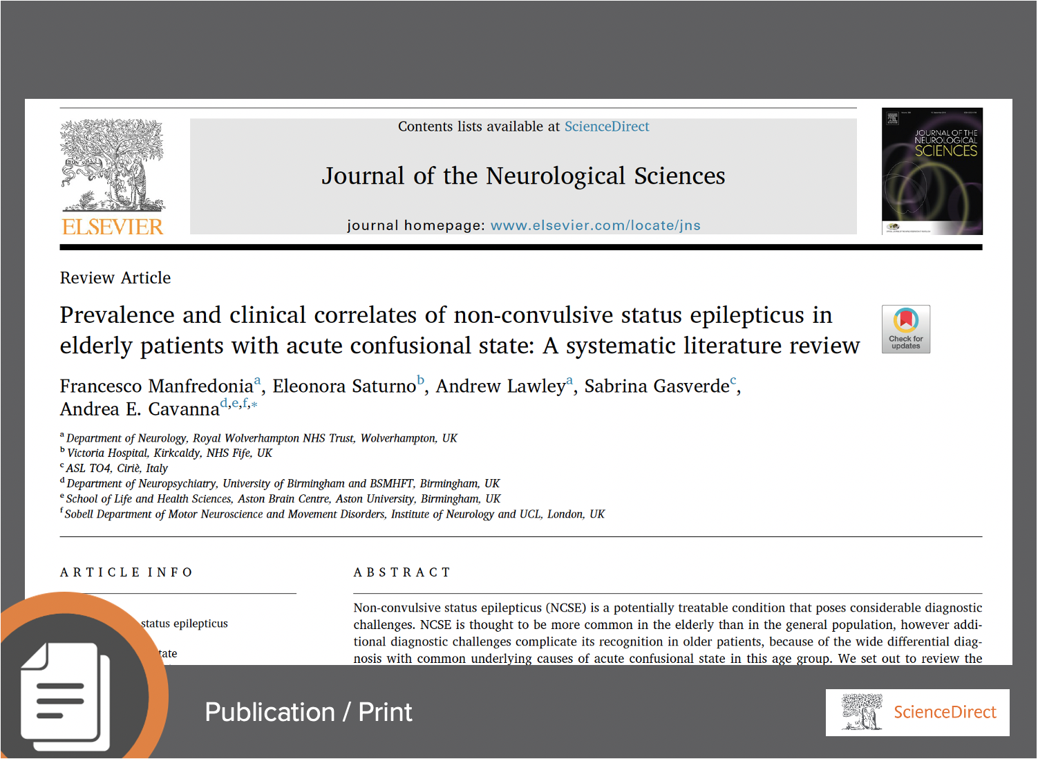 Prevalence and Clinical Correlates of Non-Convulsive Status Epilepticus in Elderly Patients with Acute Confusional State: A Systematic Literature Review